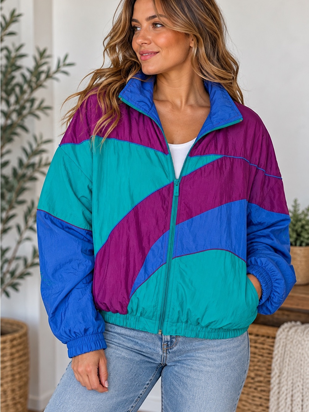 Vintage Reebok 90s Colorblock Windbreaker Jacket Purple Teal Blue